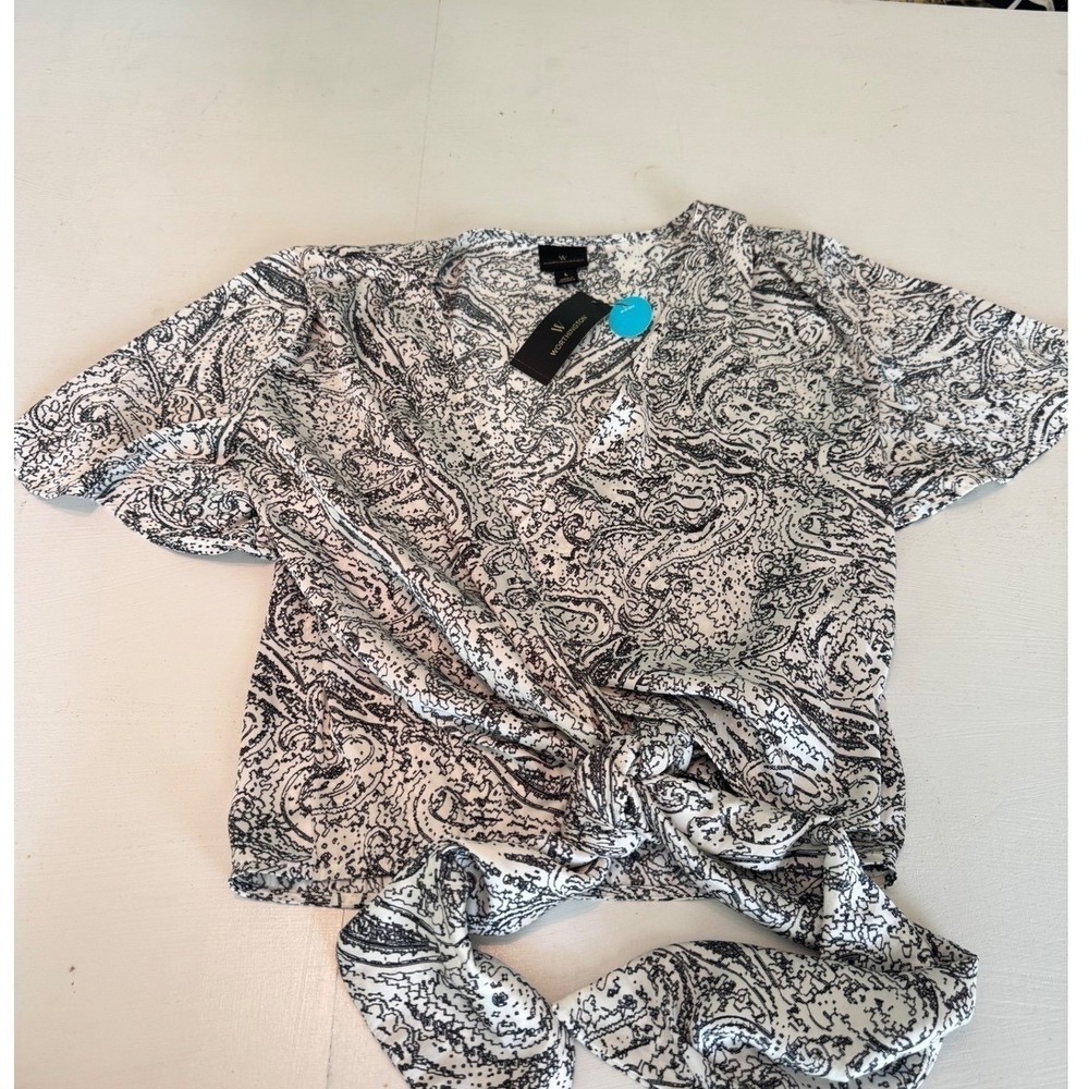 Worthington Womens Paisley Wrap Top Black White Short Sleeve V-Neck Blouse Large